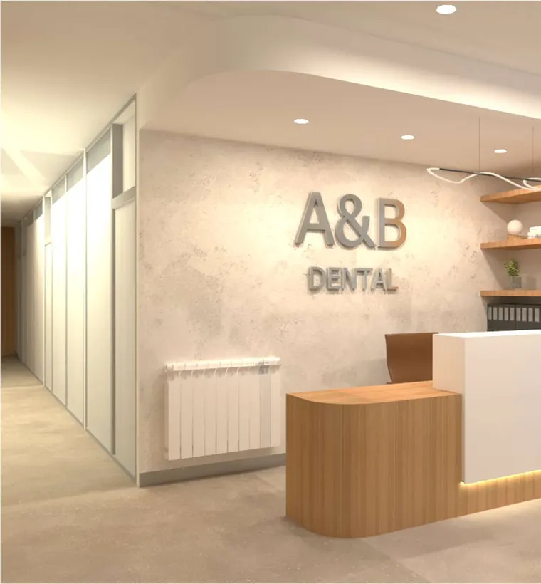 Interior de A&B Dental con el rótulo de la clínica